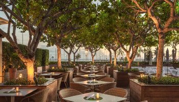 The Modern Honolulu Hilton Vacation Club gay-friendly hotel. Outdoor dining area with trees and lights. Gay travel advice.