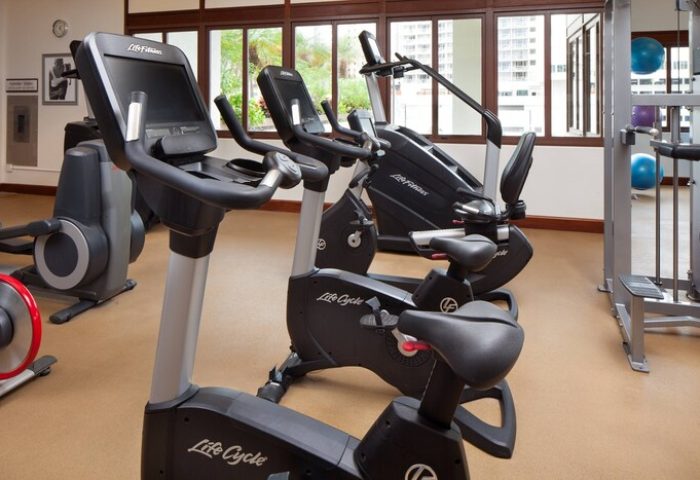 Waikiki Beach Marriott Resort & Spa gym. Life Fitness bikes at this gay-friendly hotel offer a great workout. #gaytravel #waikiki
