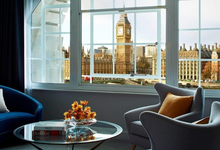 London Marriott Hotel County Hall room view. Big Ben & Houses of Parliament seen from a gay-friendly hotel. Luxury travel for gay men.