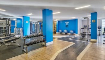 Fairmont St Andrews gym, Scotland. Gay-friendly hotel with fitness center, weights, treadmills, and exercise equipment. Blue accent wall, modern design.