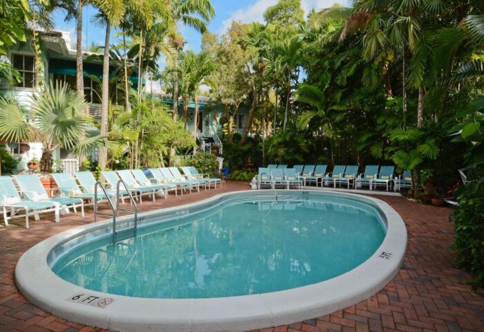 Pineapple Point Guesthouse & Resort pool view. Gay-friendly hotel with lounge chairs, palm trees. A tropical gay men's resort paradise.