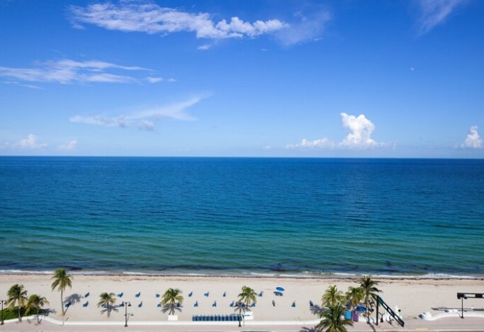 W Fort Lauderdale gay-friendly hotel view. Oceanfront beach with palm trees, blue chairs, and clear blue sky. Perfect for gay travel.
