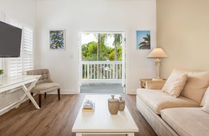 Paradise Inn adults-only gay-friendly hotel room. Living area with balcony view. Modern decor, sofa, and TV. Perfect for gay travel.