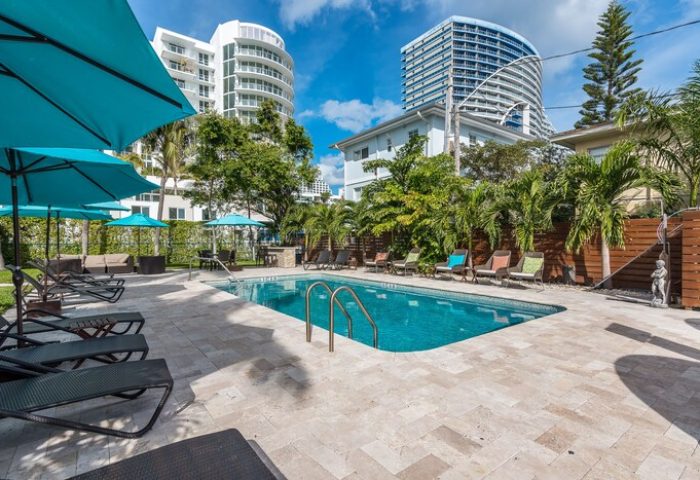 Nobleton Hotel's gay-friendly pool area. Lounge chairs and umbrellas surround a sparkling pool. Perfect for gay travel and relaxation.