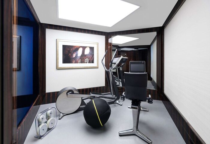 Raffles Istanbul Hotel gym. Gay-friendly hotel offers fitness with elliptical, weights, and medicine ball. Luxury travel for gay men.