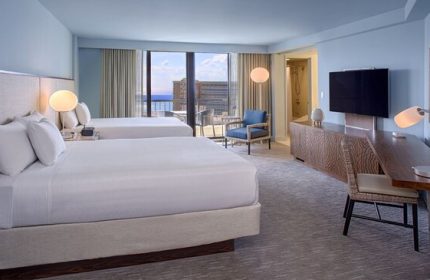 Hyatt Regency Waikiki Beach Resort & Spa gay-friendly hotel room. Two beds, desk, TV, and balcony with ocean view. Perfect for gay travel.