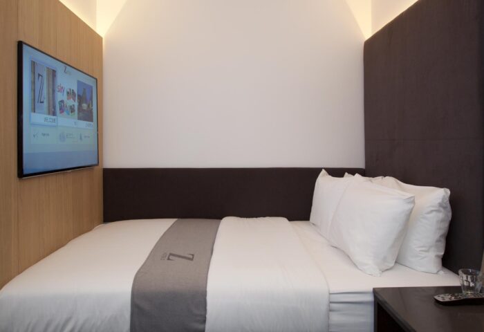 The Z Hotel Trafalgar gay-friendly room. Modern design, double bed, TV. A great choice for gay travelers in London.