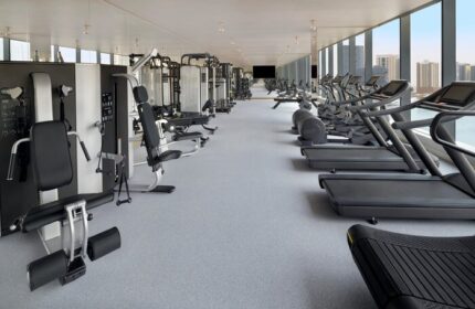 Hotel Indigo Dubai Downtown's gay-friendly gym. Fitness center with treadmills, weight machines, and city views. Workout space.
