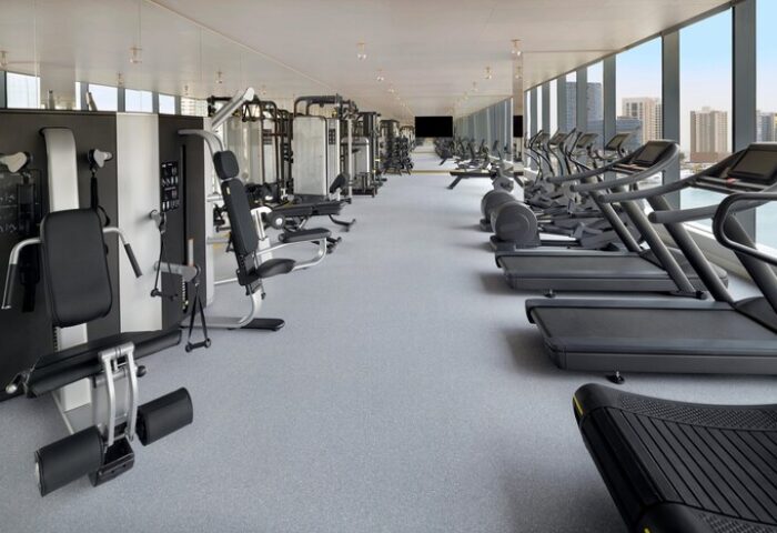 Hotel Indigo Dubai Downtown's gay-friendly gym. Fitness center with treadmills, weight machines, and city views. Workout space.