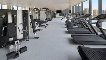 Hotel Indigo Dubai Downtown's gay-friendly gym. Fitness center with treadmills, weight machines, and city views. Workout space.