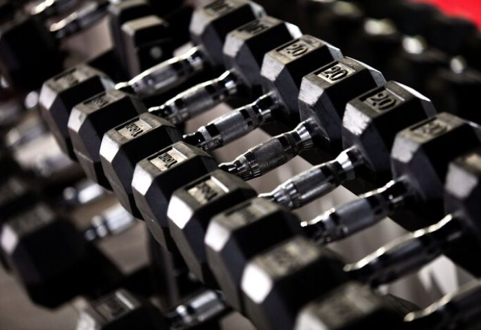 Kimpton Angler's Hotel gym: Dumbbells on a rack. Stay fit at this gay-friendly hotel. Weights for a workout, fitness, and health. Miami Beach gym.