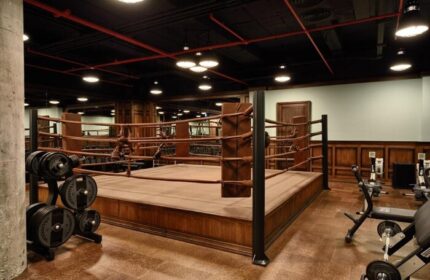 Soho House Istanbul gym with boxing ring. Gay-friendly hotel with fitness center. Travel advice for gay men. Weights and equipment.