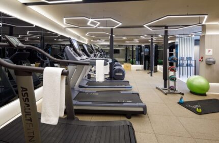Hagia Sofia Mansions Istanbul gym. Treadmills, exercise balls, and weights. Gay-friendly hotel fitness center at Curio Collection by Hilton.