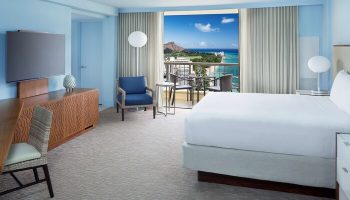 Hyatt Regency Waikiki Beach Resort & Spa room. Balcony view of Diamond Head. Gay-friendly hotel for gay men travelers in Honolulu, Hawaii.