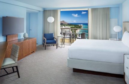 Hyatt Regency Waikiki Beach Resort & Spa room. Balcony view of Diamond Head. Gay-friendly hotel for gay men travelers in Honolulu, Hawaii.