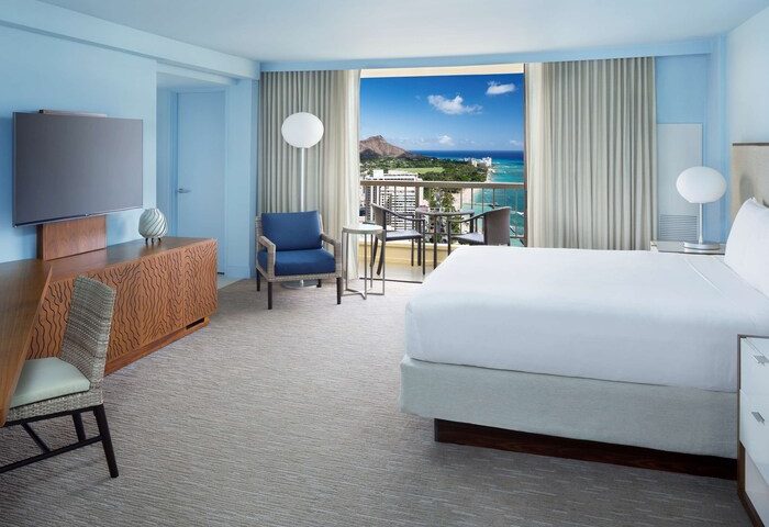Hyatt Regency Waikiki Beach Resort & Spa room. Balcony view of Diamond Head. Gay-friendly hotel for gay men travelers in Honolulu, Hawaii.