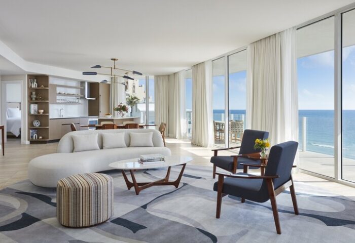 Four Seasons Hotel and Residences Fort Lauderdale suite. Ocean view, living room, kitchen. Gay-friendly hotel, luxury travel.
