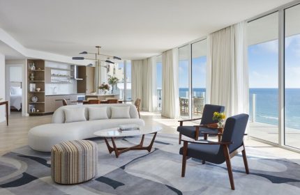 Four Seasons Hotel and Residences Fort Lauderdale suite. Ocean view, living room, kitchen. Gay-friendly hotel, luxury travel.