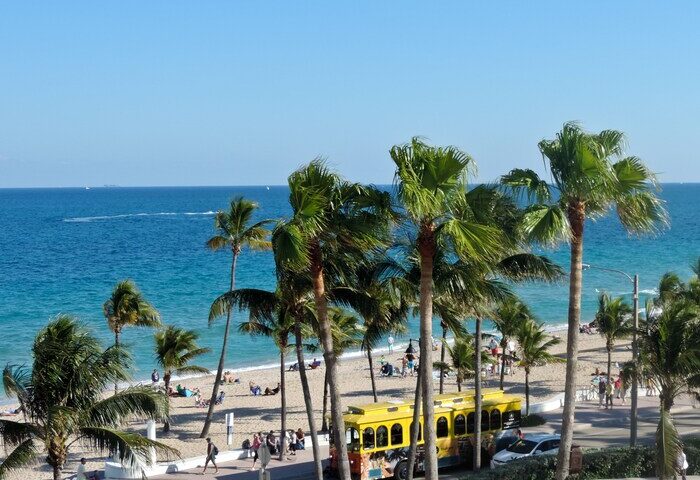 Beach view from a gay-friendly hotel. Palm trees frame the ocean, beachgoers, and a yellow trolley. Great spot for gay men's travel.