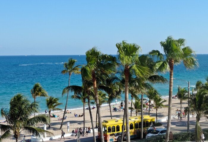 Beach view from a gay-friendly hotel. Palm trees frame the ocean, beachgoers, and a yellow trolley. Great spot for gay men's travel.