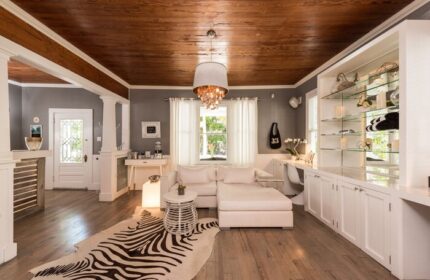 Alexander's Guesthouse interior. Gay-friendly hotel room with white couch, zebra rug, and wooden ceiling. Comfortable, stylish decor.