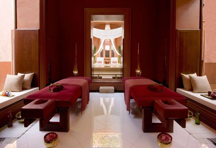 The Barai By Hyatt spa room with massage beds, a gay-friendly hotel. Luxurious interior, relaxation area, travel advice.