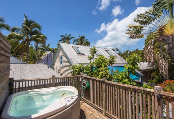 Wicker Guesthouse's deck view. Gay-friendly hotel with a jacuzzi. Palm trees and blue sky. A relaxing getaway for gay travelers. Hotel 7-79.