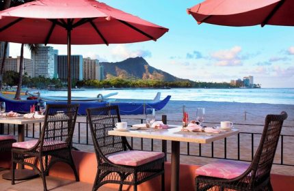 The Royal Hawaiian, a Luxury Collection Resort, Waikiki gay-friendly hotel. Beachfront dining with Diamond Head view. Perfect for gay travel.