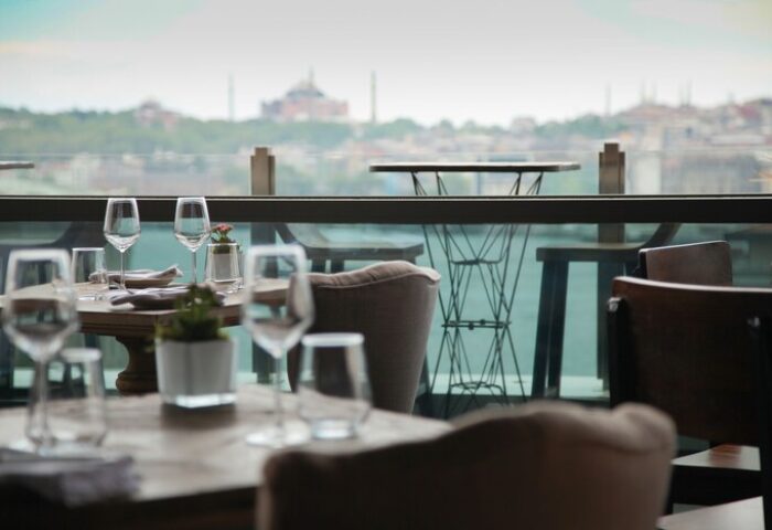 The Bank Hotel Istanbul dining area with city view. Gay-friendly hotel with rooftop bar. Design Hotels™ member. Istanbul travel advice.