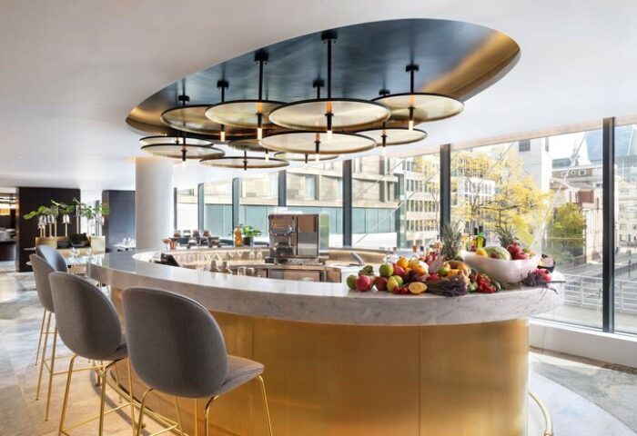The Westin London City gay-friendly hotel bar. Modern design, fruit display, city view. A stylish spot for gay travelers in London.