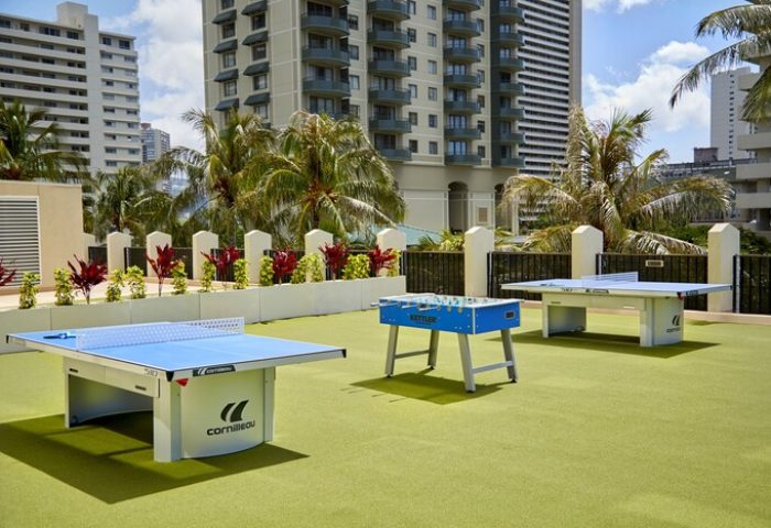 Holiday Inn Express Waikiki gay-friendly hotel: Outdoor recreation area with ping pong tables and foosball, perfect for gay travelers.