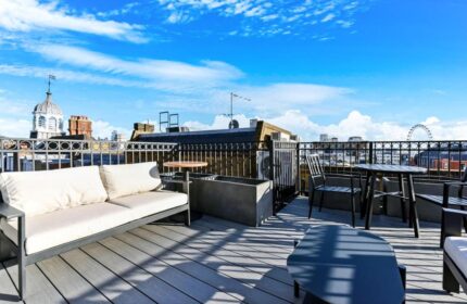 Rooftop terrace at The Z Hotel Covent Garden, a gay-friendly hotel. Outdoor seating with London skyline views. Perfect for gay travel.