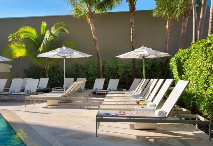 Sonesta Fort Lauderdale Beach gay-friendly hotel pool. Loungers, umbrellas, and palm trees create a relaxing vacation atmosphere.