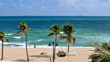Gay-friendly hotel beach view. Palm trees, ocean, and beachgoers. Ideal gay travel destination. Relaxing scene for a gay vacation.
