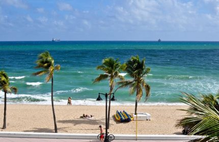 Gay-friendly hotel beach view. Palm trees, ocean, and beachgoers. Ideal gay travel destination. Relaxing scene for a gay vacation.