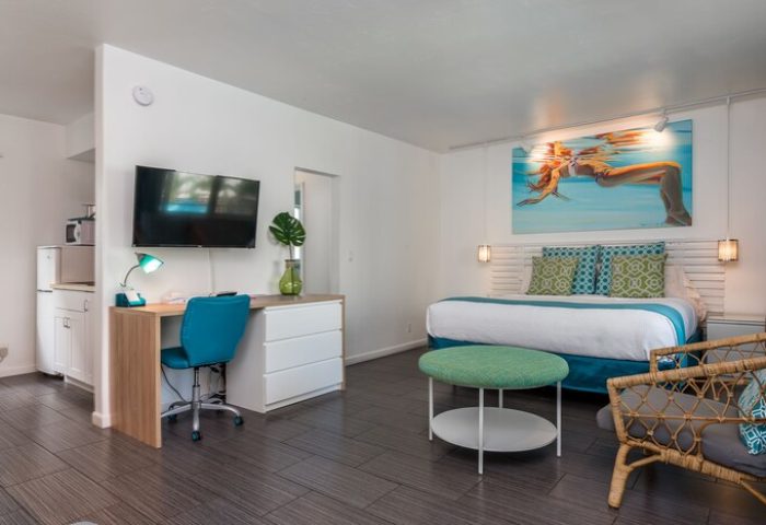 Nobleton Hotel gay-friendly room: bed with vibrant art, desk, TV, kitchenette. A welcoming space for gay travelers seeking comfort.