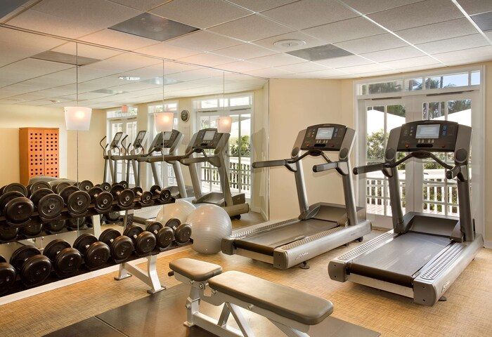 Hyatt Centric Key West Resort gym. Treadmills, weights, and fitness ball in the Gay-Friendly Hotel's workout room. Spa and exercise equipment.