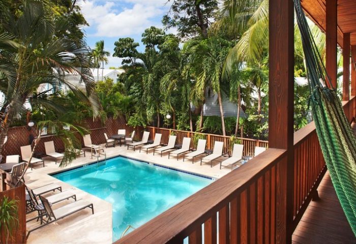 Island City House gay-friendly hotel pool view from balcony. Hammock, lounge chairs, palm trees, and blue sky create a relaxing tropical vibe.