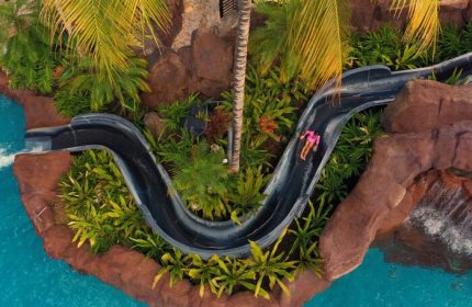 The Royal Hawaiian, a Luxury Collection Resort, Waikiki gay-friendly hotel. Person on water slide at pool. Tropical plants and rock formations.
