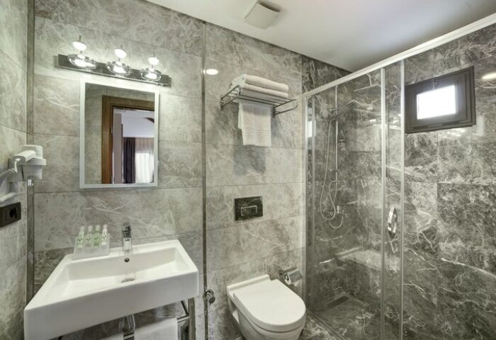 The Fox Hotel bathroom. Gay-friendly hotel features a modern shower, toilet, sink, and mirror. Marble walls add a touch of luxury.