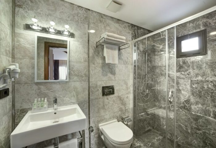 The Fox Hotel bathroom. Gay-friendly hotel features a modern shower, toilet, sink, and mirror. Marble walls add a touch of luxury.