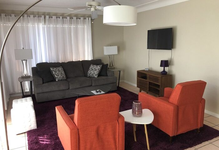 Cheston House living room. Gay-friendly hotel with couch, chairs, and TV. All-male guesthouse for clothing-optional relaxation.