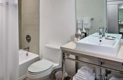 Bathroom at the gay-friendly Sonesta Fort Lauderdale Beach hotel. Features a tub, toilet, sink, mirror, and towels.