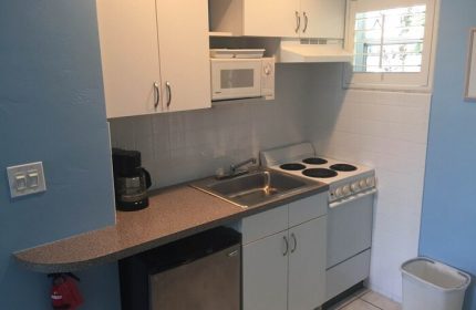 Coral Reef Guesthouse gay-friendly hotel kitchenette. Features include a stove, microwave, sink, mini-fridge, and cabinets for a comfortable stay.