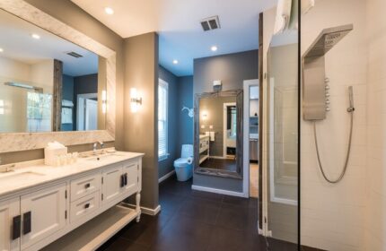 Alexander's Guesthouse bathroom. Gay-friendly hotel with double vanity, large mirror, toilet, and shower. Modern design for gay men travel.