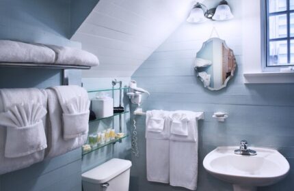 Island City House gay-friendly hotel bathroom. Light blue walls, white towels, sink, toilet, mirror, and toiletries on glass shelves.