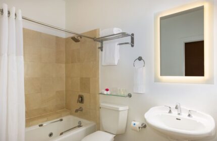 Paradise Inn Adults Only gay-friendly hotel bathroom. Features a shower, toilet, sink, and illuminated mirror. Ideal gay men travel.