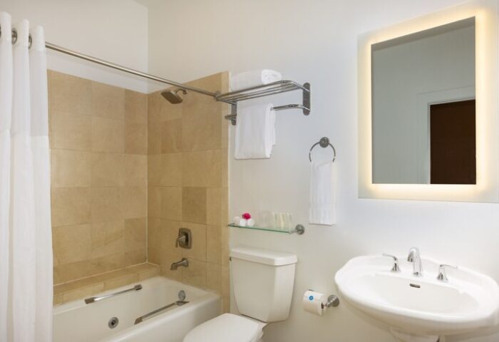 Paradise Inn Adults Only gay-friendly hotel bathroom. Features a shower, toilet, sink, and illuminated mirror. Ideal gay men travel.