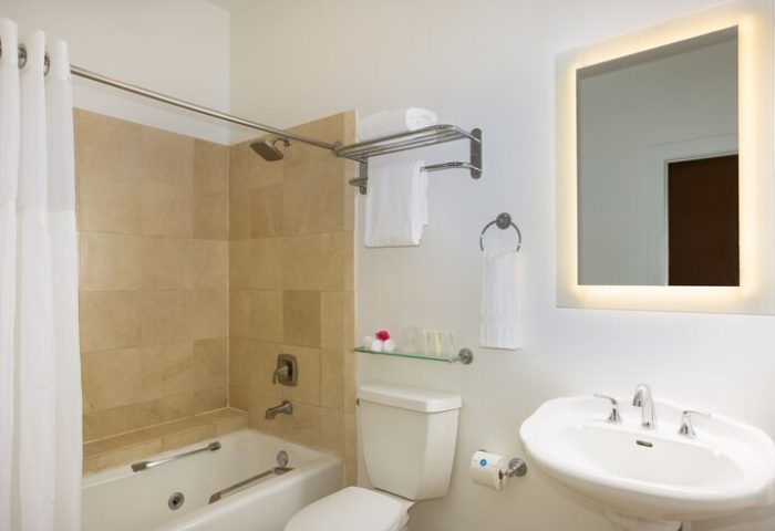 Paradise Inn Adults Only gay-friendly hotel bathroom. Features a shower, toilet, sink, and illuminated mirror. Ideal gay men travel.