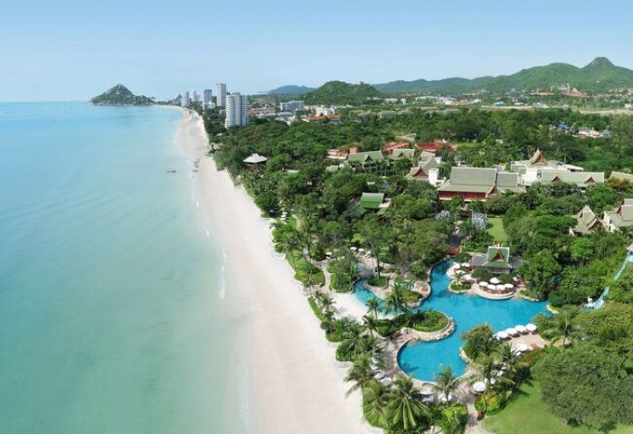 The Barai By Hyatt: Aerial view of gay-friendly hotel. Beachfront resort with pools, Thai architecture, and lush greenery. Perfect for gay travel.